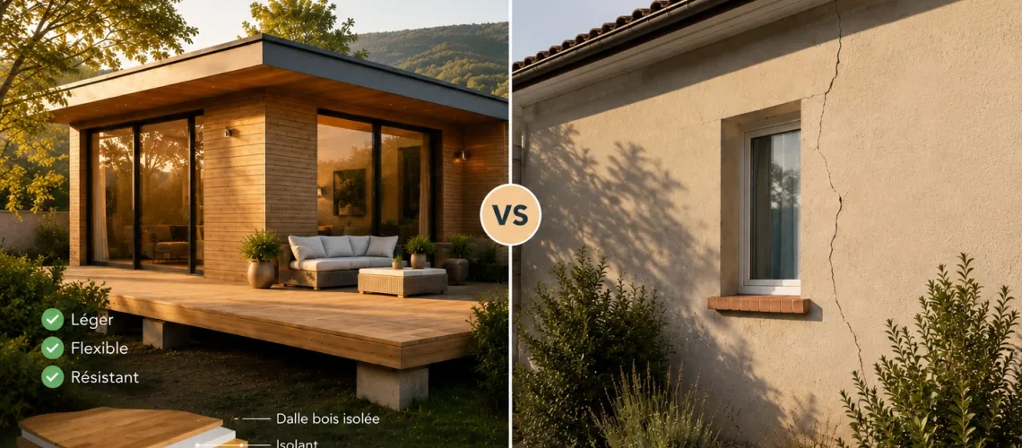 Maison en bois massif sur dalle bois isolée et plots béton : une solution particulièrement adaptée aux terrains argileux et aux zones sismiques.