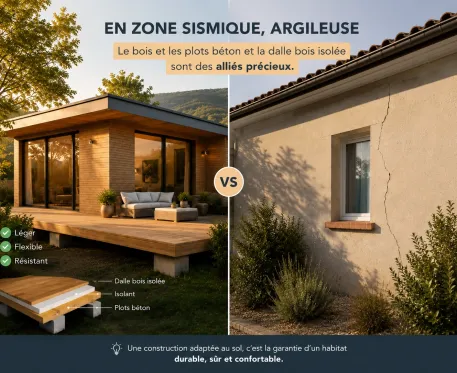 Maison en bois massif sur dalle bois isolée et plots béton : une solution particulièrement adaptée aux terrains argileux et aux zones sismiques.