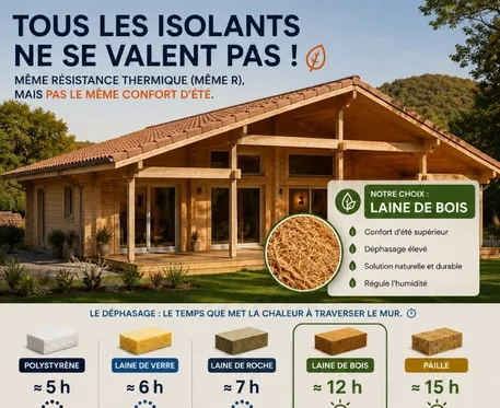 À résistance thermique comparable, les isolants n’offrent pas tous le même confort d’été.      Grâce à son déphasage élevé, la laine de bois contribue à ralentir l’entrée de la chaleur dans la maison.